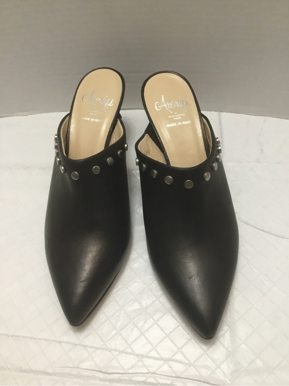 Amalfi Black Leather Studded Pointed-Toe Mules size